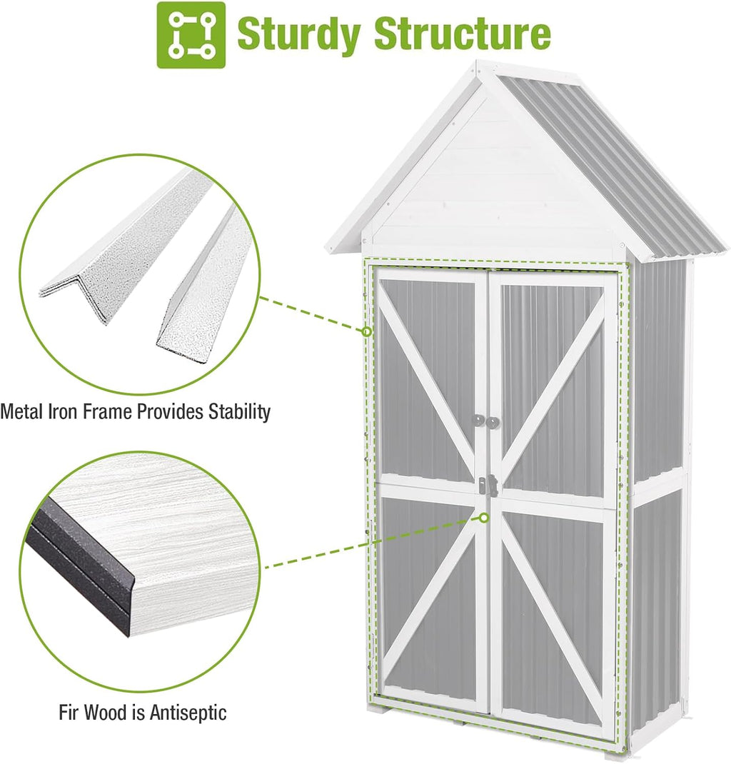 GUTINNEEN Outdoor Storage Shed with All Around Strong Metal Frame, Wooden Tool House with Floor & Adjustable Shelves, Garden Tool Sheds Cabinet for Backyard Garden Patio Lawn 67.1' H (Black＆White)