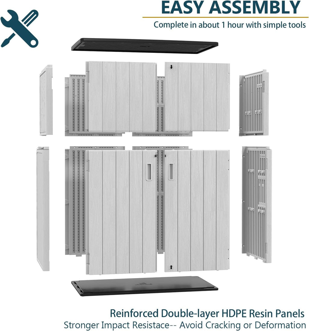 HOMSPARK Outdoor Storage Shed 57 Cu.Ft, All-Weather Resistant Resin Garden Sheds & Outdoor Storage Clearance with Floor, Double-Layer Plastic Tool Sheds for Patio, Garden & Lawn (Light Gray)