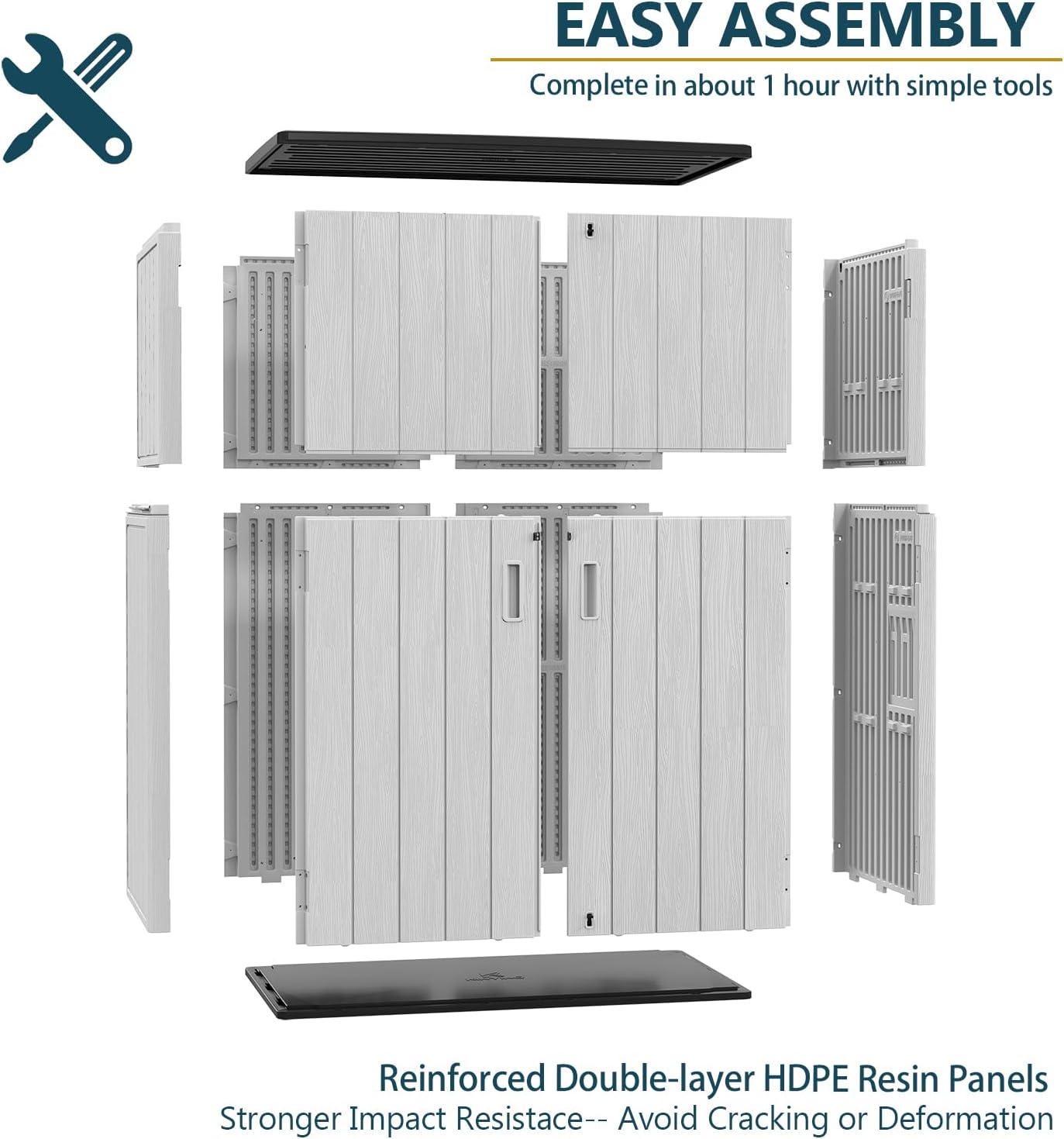 HOMSPARK Outdoor Storage Shed 57 Cu.Ft, All-Weather Resistant Resin Garden Sheds & Outdoor Storage Clearance with Floor, Double-Layer Plastic Tool Sheds for Patio, Garden & Lawn (Light Gray)
