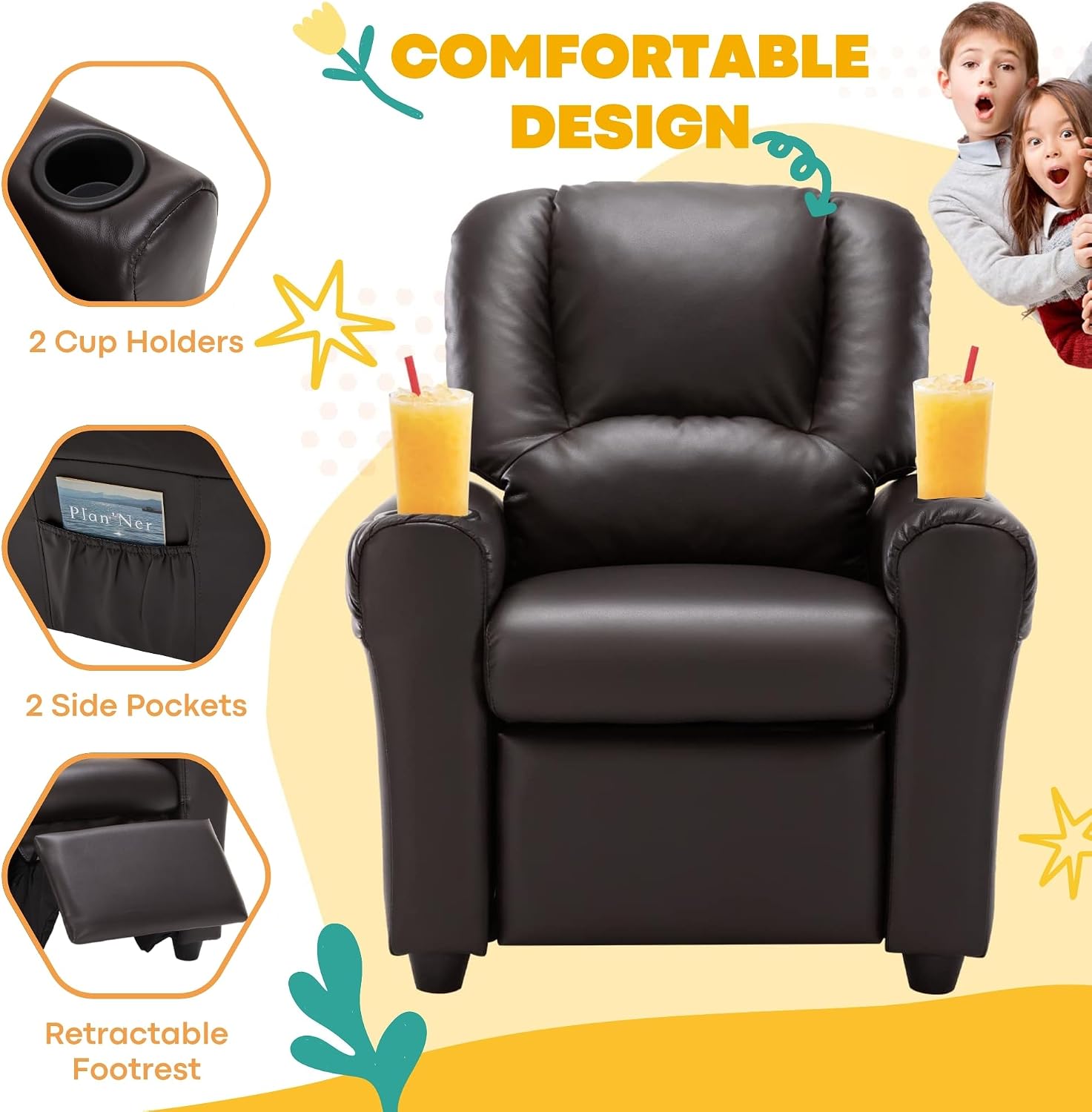 Candy Kids Reclining Chair Leather Recliner Sofa Push Back Toddler Youth Children Child Ages 1-6