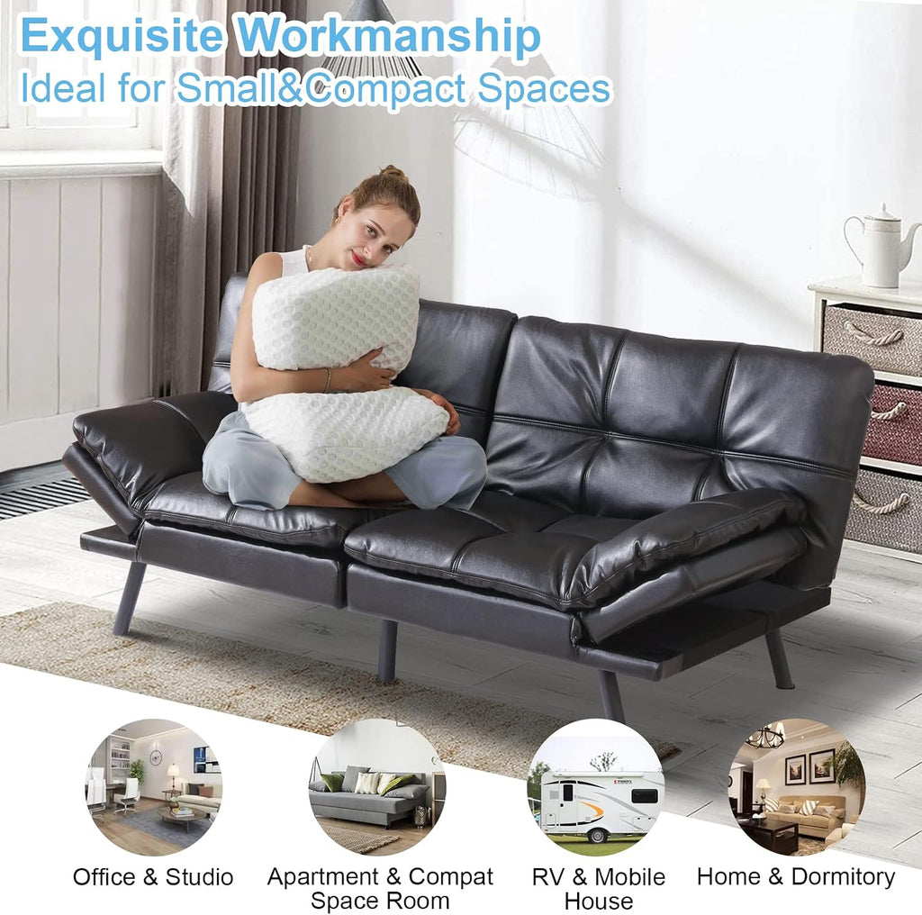 Black Faux Leather Futon Convertible Couch Bed Folding Memory Foam Sleeper Loveseat Adjustable Lounge Futon Sets Sofabed for Living Room,Apartment,Dorm,Office