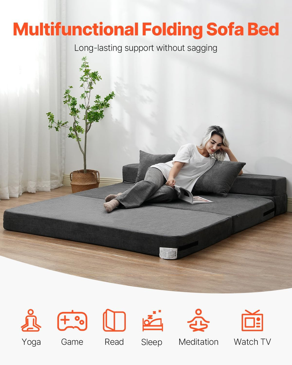 VEVOR Folding Sofa Bed, 3-in-1 Foldable Couch Bed with 2 Pillows and Washable Cover, 25D High Density Memory Foam Convertible Sleeper Chair Bed, Futon Couch for Living Room, Bedroom, Dark Grey(Queen)