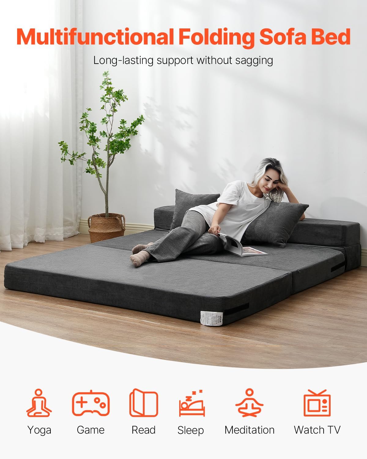 VEVOR Folding Sofa Bed, 3-in-1 Foldable Couch Bed with 2 Pillows and Washable Cover, 25D High Density Memory Foam Convertible Sleeper Chair Bed, Futon Couch for Living Room, Bedroom, Dark Grey(Queen)