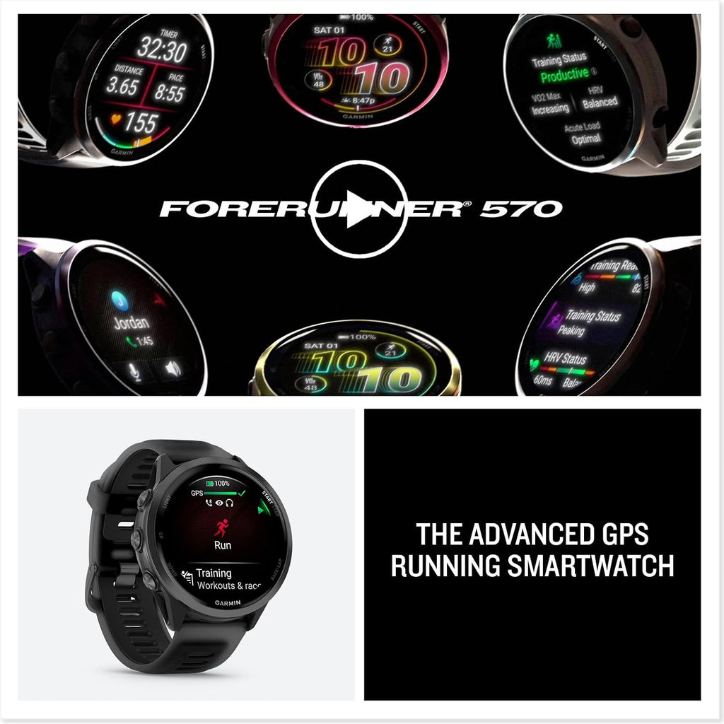 Garmin® Forerunner® 570, 47mm, Advanced GPS Running and Triathlon Smartwatch, AMOLED Display, Training and Recovery Features, Slate Gray Aluminum with Translucent Black/Black Band