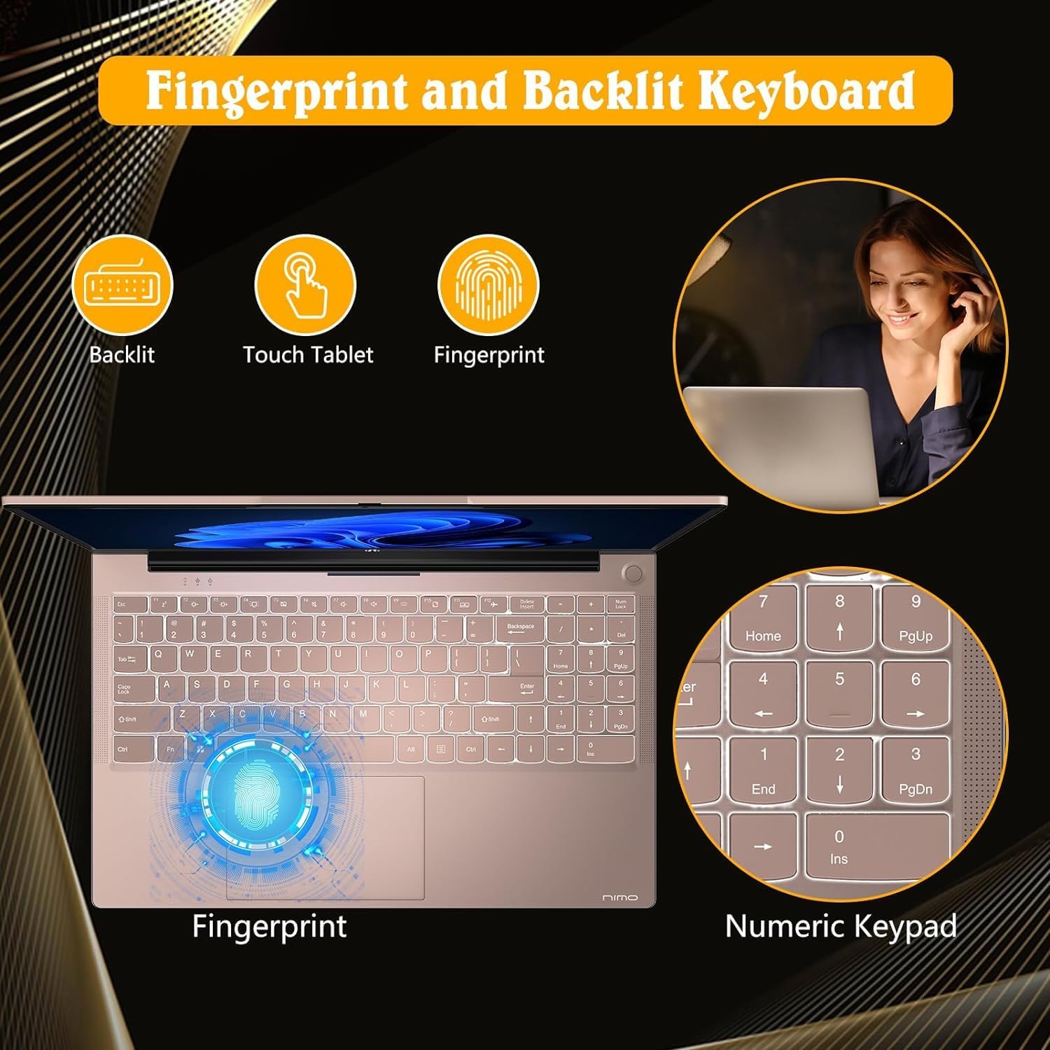 NIMO 15.6 FHD Student Laptop, Intel Pentium Quad-Core N100(Beat to i3-1115G4, Up to 3.4GHz), 8GB RAM, 128GB SSD, 2 Years Warranty, Type-C 65W Adapter, Backlit Keyboard, Fingerprint, Win 11, Rose Gold