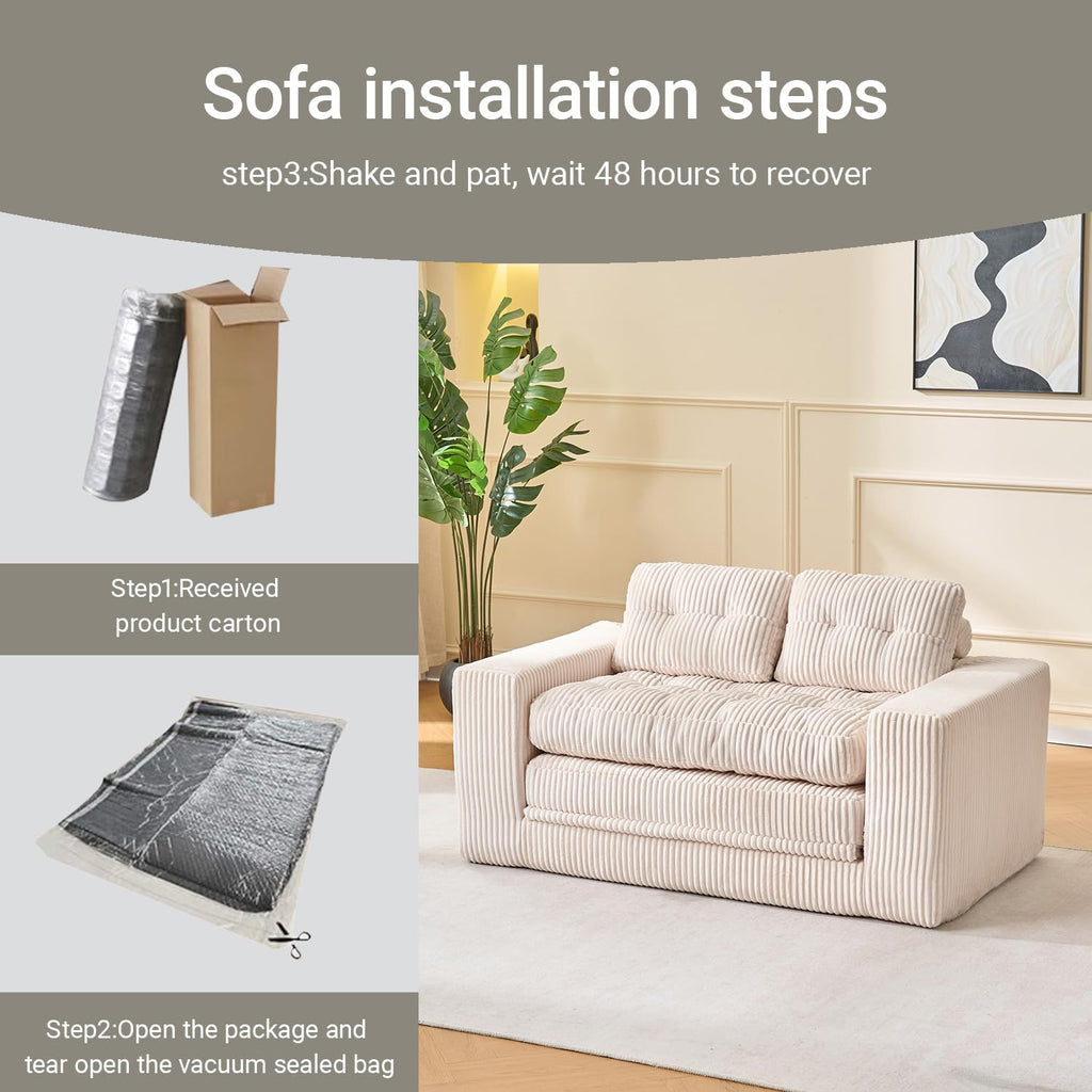 Fefances 55.1'Boneless Sofa Bed, 2-in-1 Convertible Loveseat & Folding Futon Couch, Small Space-Saving Design with Corduroy Fabric, for Living Room, Bedroom, Studio Apartment - Beige