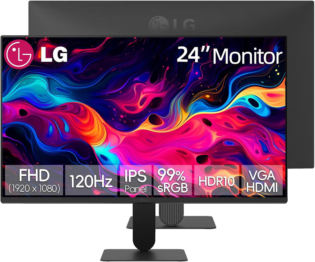 LG 24 inch FHD (1920 x 1080) IPS Computer Monitor, 120Hz, 5ms MBR, HDR10, Dynamic Action Sync, 99% sRGB, VGA, HDMI, Reader Mode, Flicker Safe, Virtually Borderless Design, Tilt Adjustable, Black