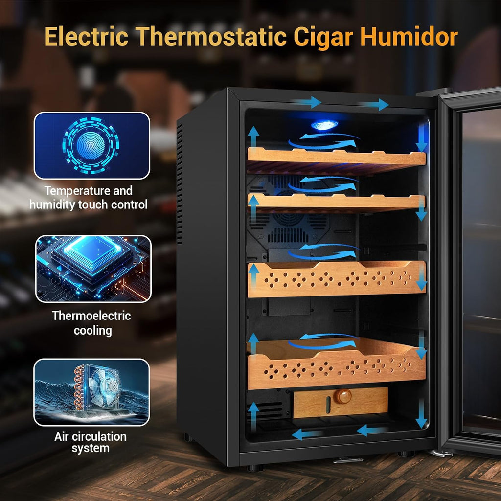 Electric Humidor, 70L 400 Counts Large Capacity,Thermostatic Cooling Humidor Cabinet with Smart Humidity & Temp Control, Spanish Cedar Wood Shelves, Safety Lock