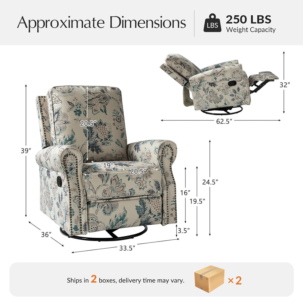 HULALA Home Rocker Recliner Set of 2, Modern Printed Fabric Swivel Glider with Adjustable Backrest & Footrest, Teal