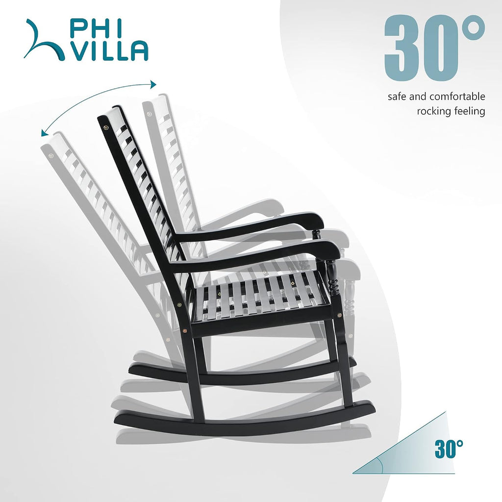 PHI VILLA Outdoor Rocking Chairs, Acacia Wood Rocker Chairs for Patio, Deck, Balcony, Porch or Indoor Use, 30° Safe Recline Support 350lbs - Black
