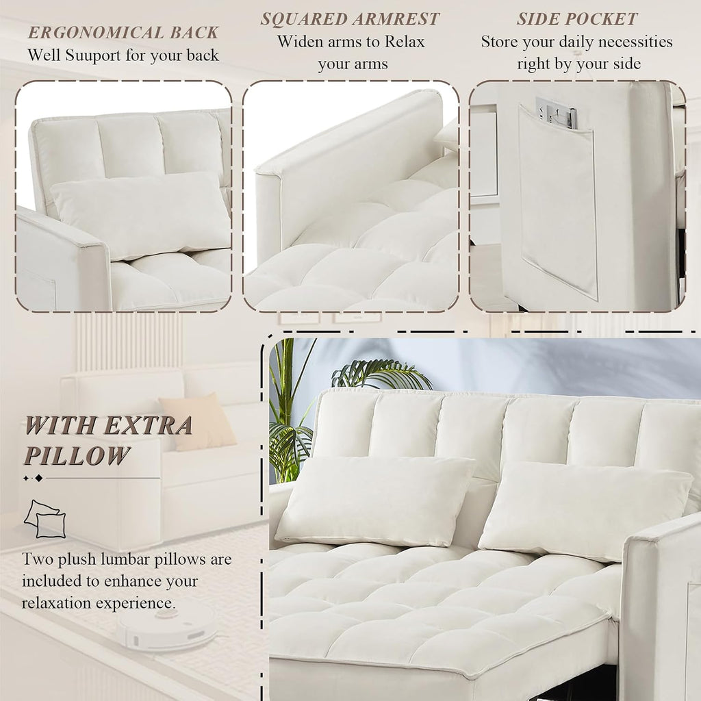 3 in 1 Convertible Sleeper Sofa Bed, Futon Couches for Living Room with Side Pocket/Adjustable Backrest, Velvet Upholstered Pull Out Couch, Small Loveseat Sofa Bed for Bedroom Office Small Spaces