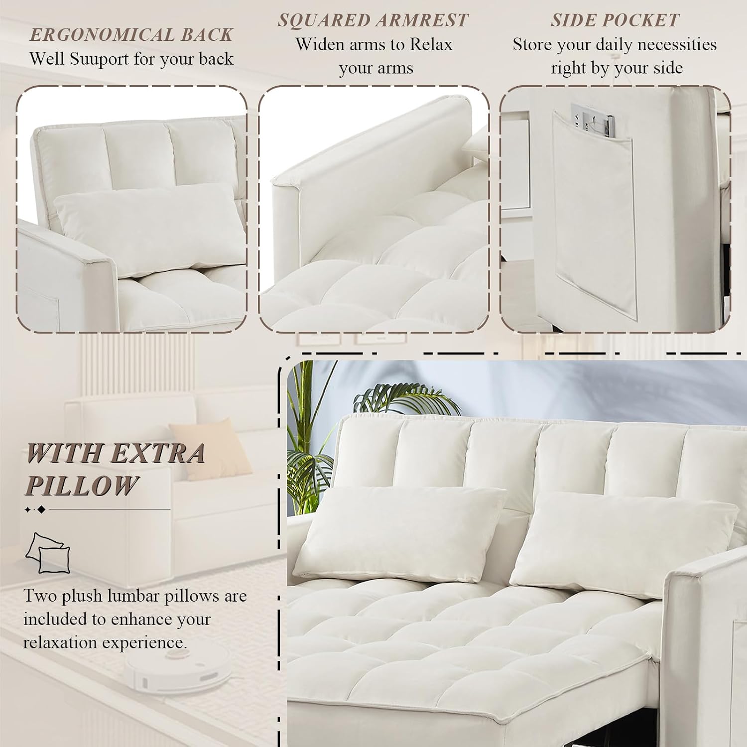 3 in 1 Convertible Sleeper Sofa Bed, Futon Couches for Living Room with Side Pocket/Adjustable Backrest, Velvet Upholstered Pull Out Couch, Small Loveseat Sofa Bed for Bedroom Office Small Spaces