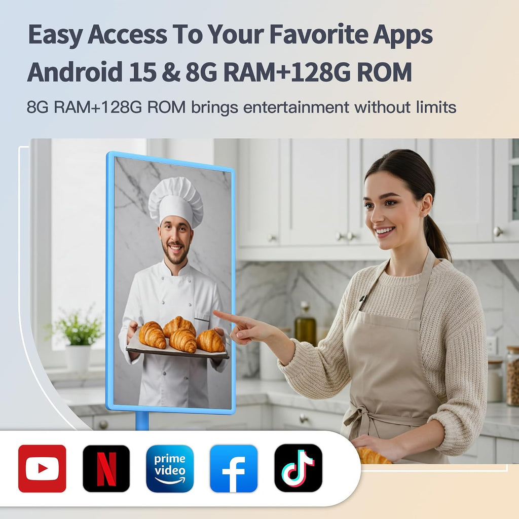 32 Inch Portable Smart TV | 1080P Touch Screen | Android 15 8G+128GB Storage | Movable Monitor on Wheels | 5MP Camera | 38,400 mAh Battery | Voice/Airmouse Remote Control | Versatile Rotatable Display