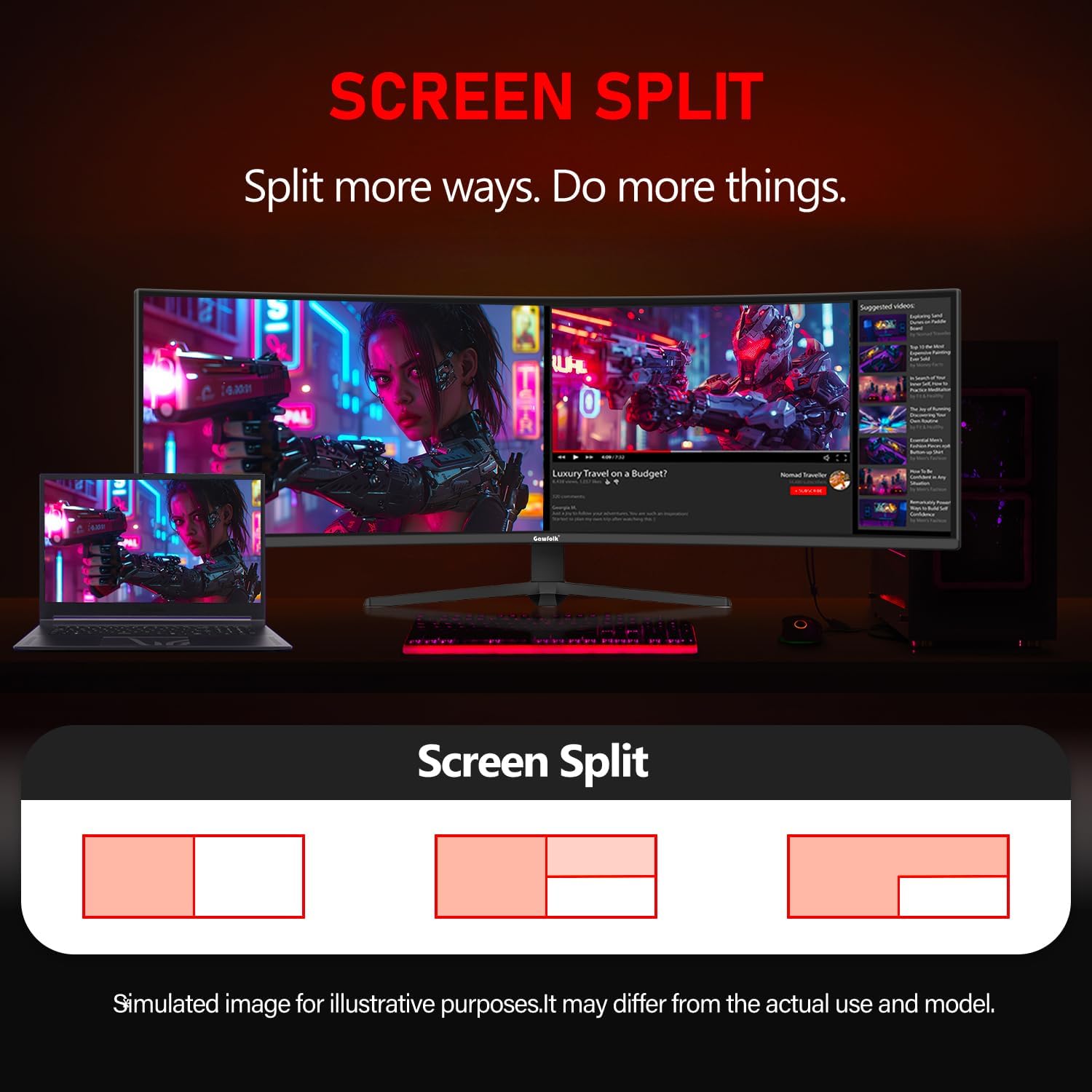 Gawfolk 49 Inch Curved Gaming Monitor, 5120x1440 Dual QHD, 120Hz, 1500R, AMD FreeSync, 32:9, Height Adjustable Ultra-Wide Computer Screen for Multitasking