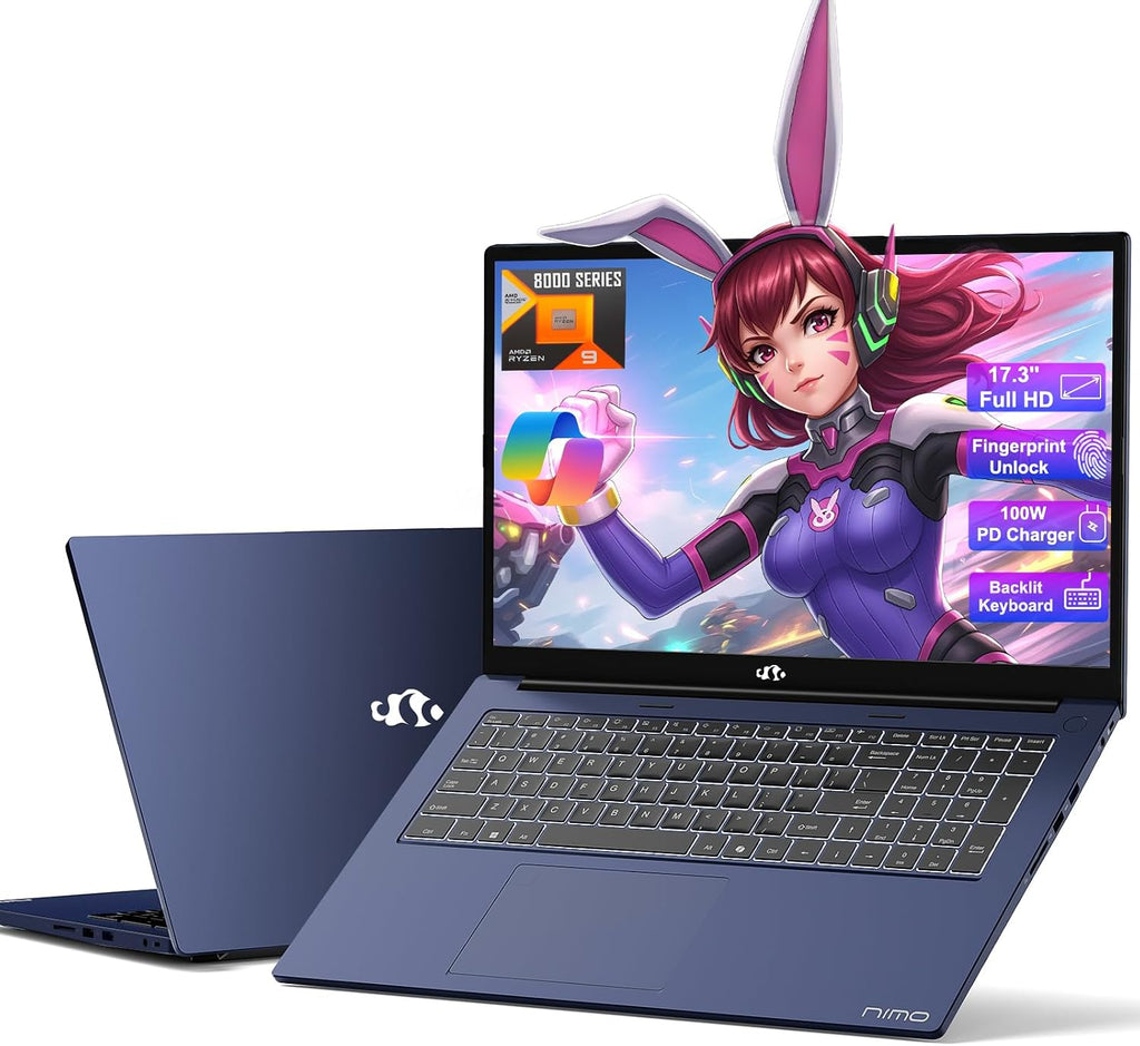 NIMO 17.3' Business-Laptop Ryzen 9 8945HS, 32GB RAM 2TB SSD, Radeon 780M, 54W Max TDP, 75Wh Battery, USB-C 4.0, PD 100W, Backlit Keyboard, Fingerprint Unlock, FHD Laptop for Gaming Student Office