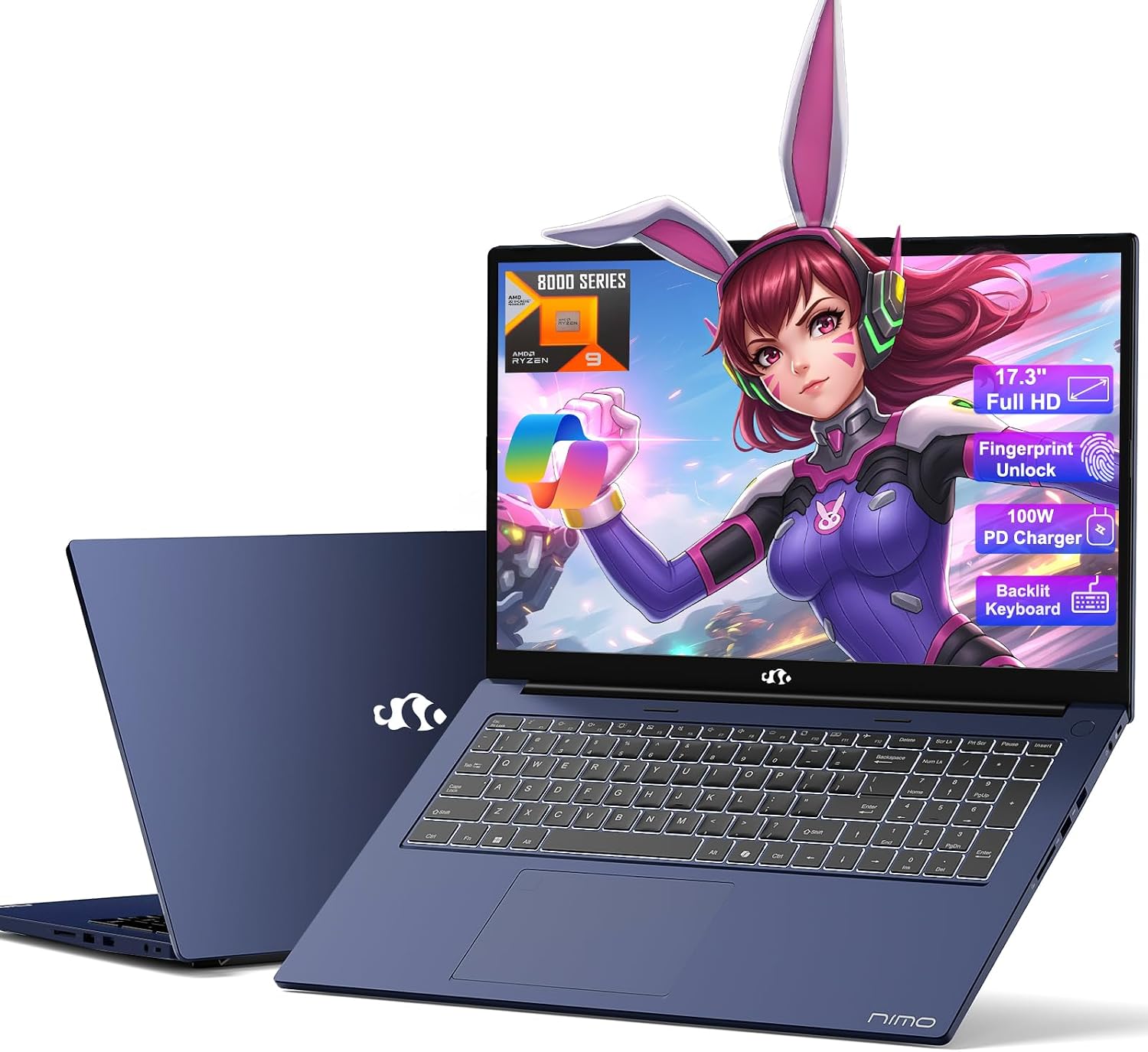 NIMO 17.3' Business-Laptop Ryzen 9 8945HS, 32GB RAM 2TB SSD, Radeon 780M, 54W Max TDP, 75Wh Battery, USB-C 4.0, PD 100W, Backlit Keyboard, Fingerprint Unlock, FHD Laptop for Gaming Student Office