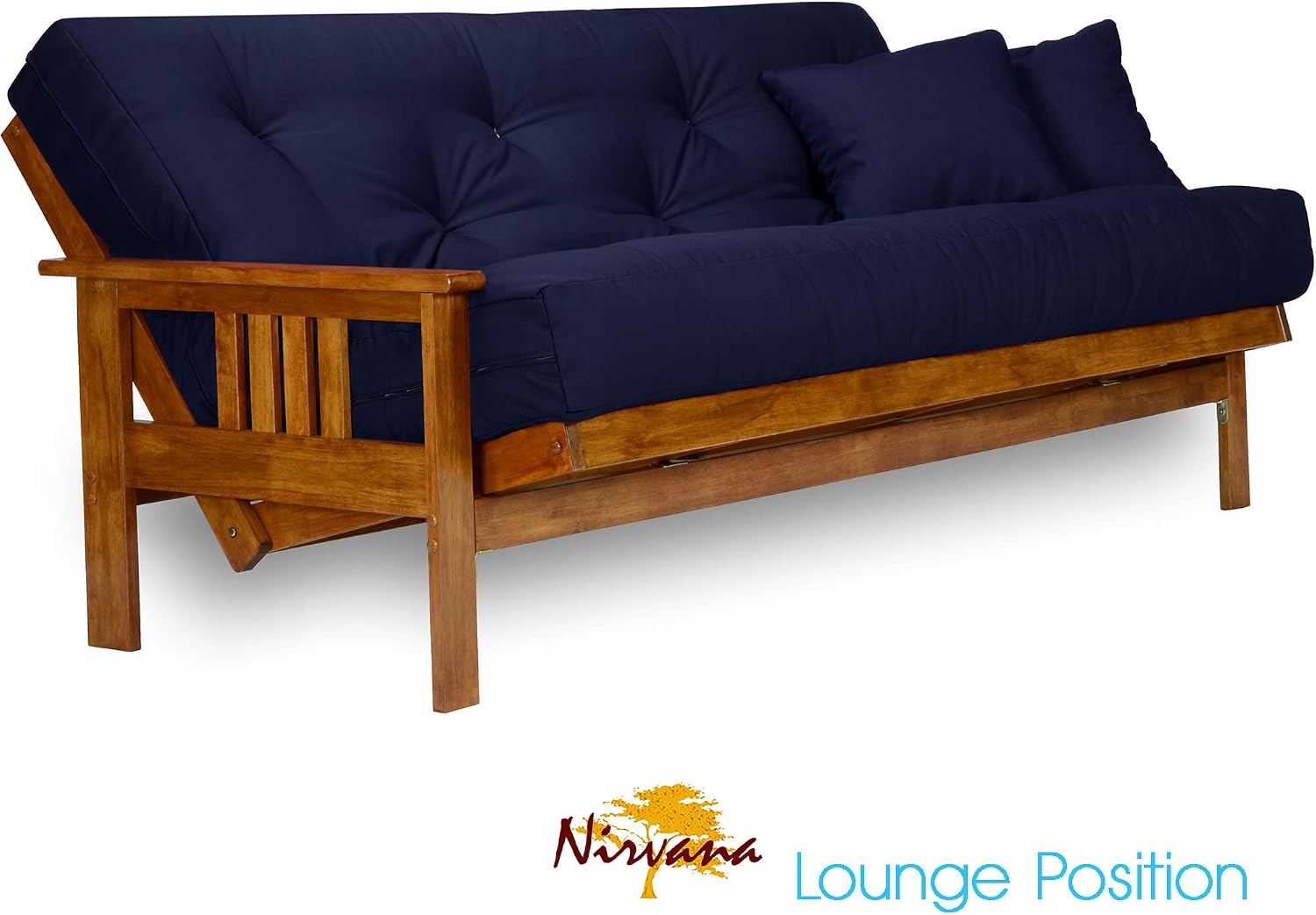 Nirvana Futons Stanford Futon Set - Queen Size Futon Frame with Mattress Included (8 Inch Thick Mattress, Twill Navy Blue Color), Heavy Duty Wood, Popular Sofa Bed Choice
