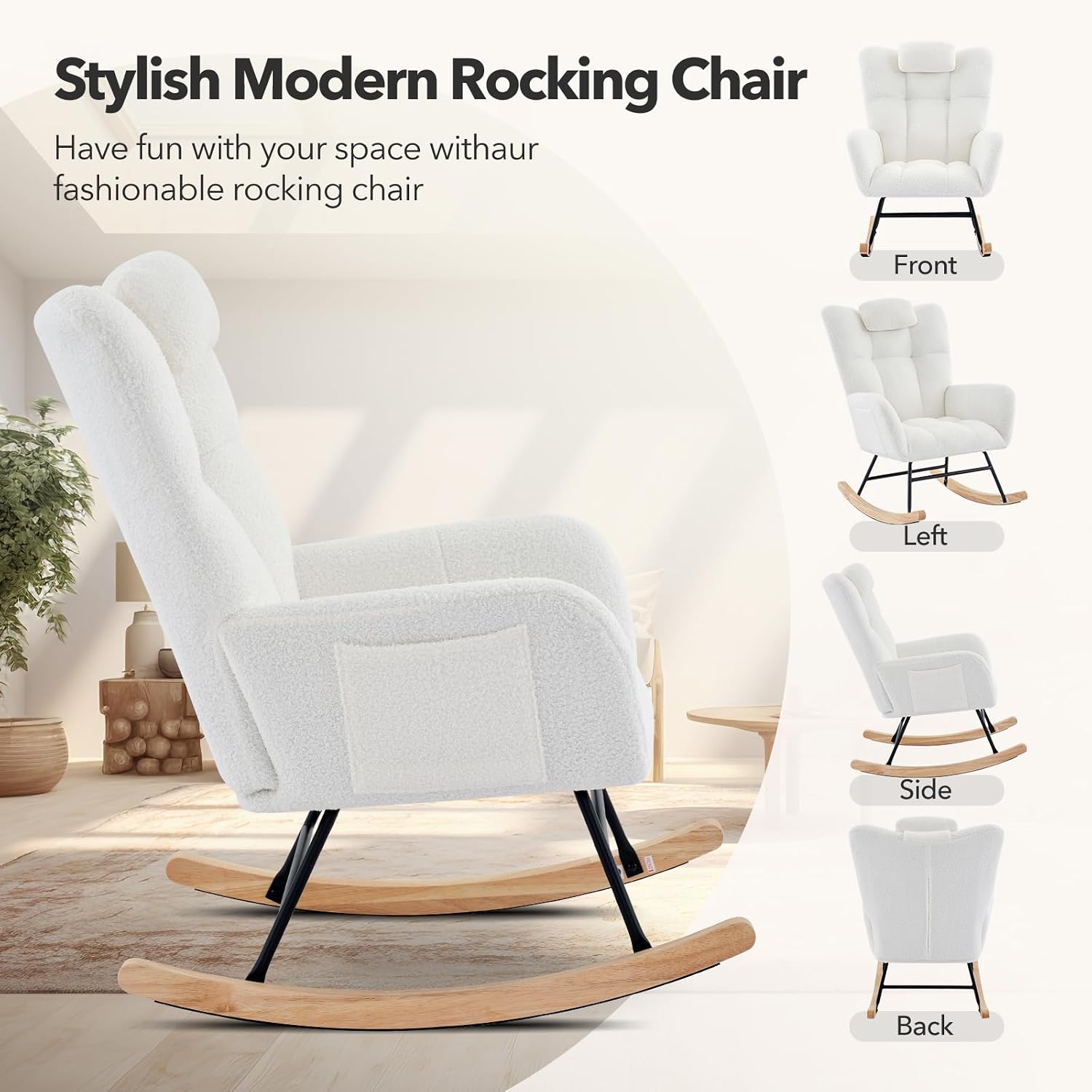 300lb Capacity Nursery Glider Rocker,Teddy Upholstered with Wood Legs for Living Room,Bedroom Nursery Includes Side Pockets