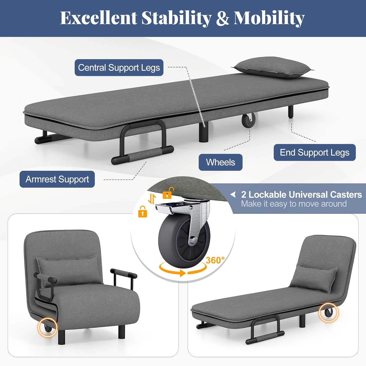 Giantex Convertible Sofa Bed, 3-in-1 Folding Sleeper Chair with 5-Position Adjustable Backrest, Wheels, 2 Legs, Recliner Chaise Lounge with Pillow, Armchairs for Nursery Living Room Office (Gray)