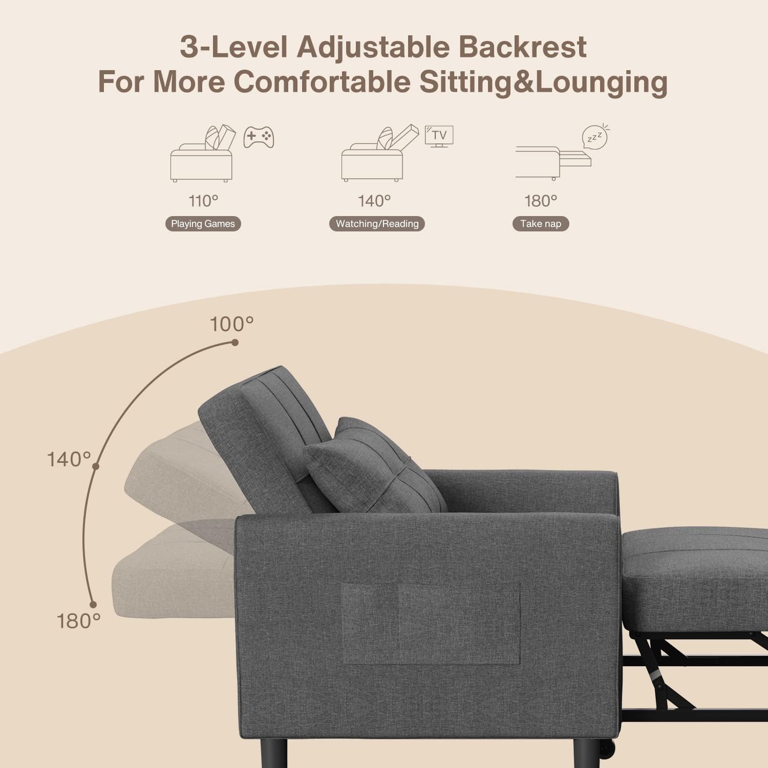 Aiho Sleeper Sofa Chair with Bed, 3-in-1 Convertible Sofa Bed in Modern Linen Fabric for Apartment Living Room Study, Dark Gray