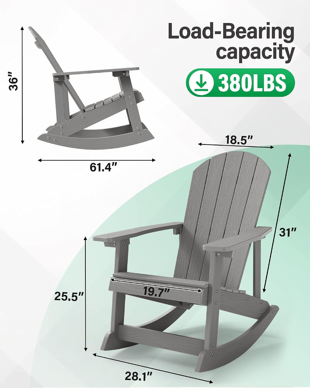 YEFU Outdoor Rocking Chair Set of 2,Adirondack Rocking Chair,Patio Rocker Chair with Wide Back,Oversized Rocker Chair Look Like Real Wood, for Lawn, Porch, Backyard, Indoor and Garden(Grey)