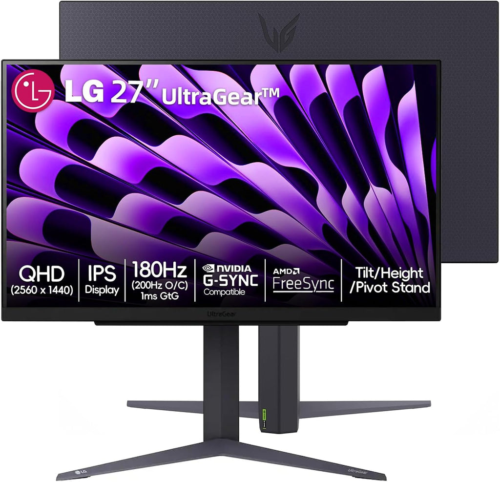 LG 27 inch Ultragear QHD (2560x1440) IPS Gaming Monitor, 180Hz, 1ms, NVIDIA G-SYNC Compatible, AMD FreeSync, HDR10, HDMI, DisplayPort, Tilt/Height/Pivot Stand, Black