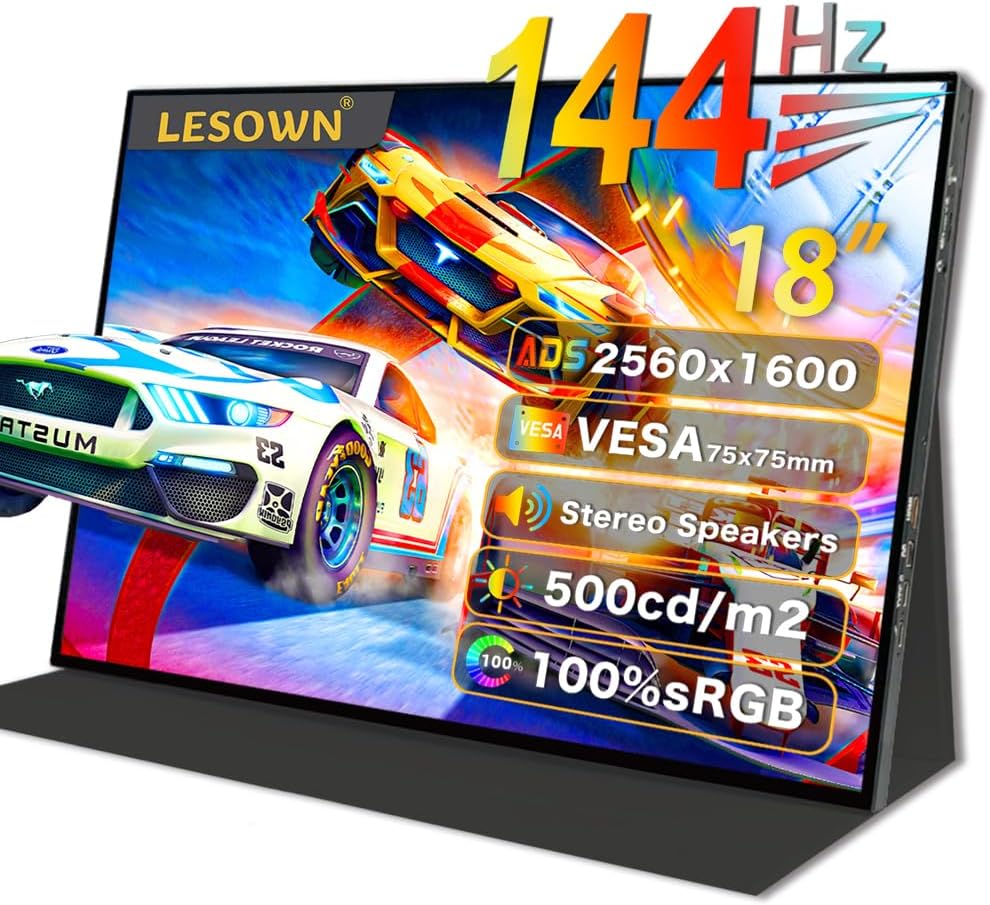 18' 2.5K 144Hz Ultra Thin Portable Gaming Monitor Widescreen 100% sRGB 500Nits USB-C HDMI External Display, Built-in Speakers (18' 2.5K 144Hz No Touch)