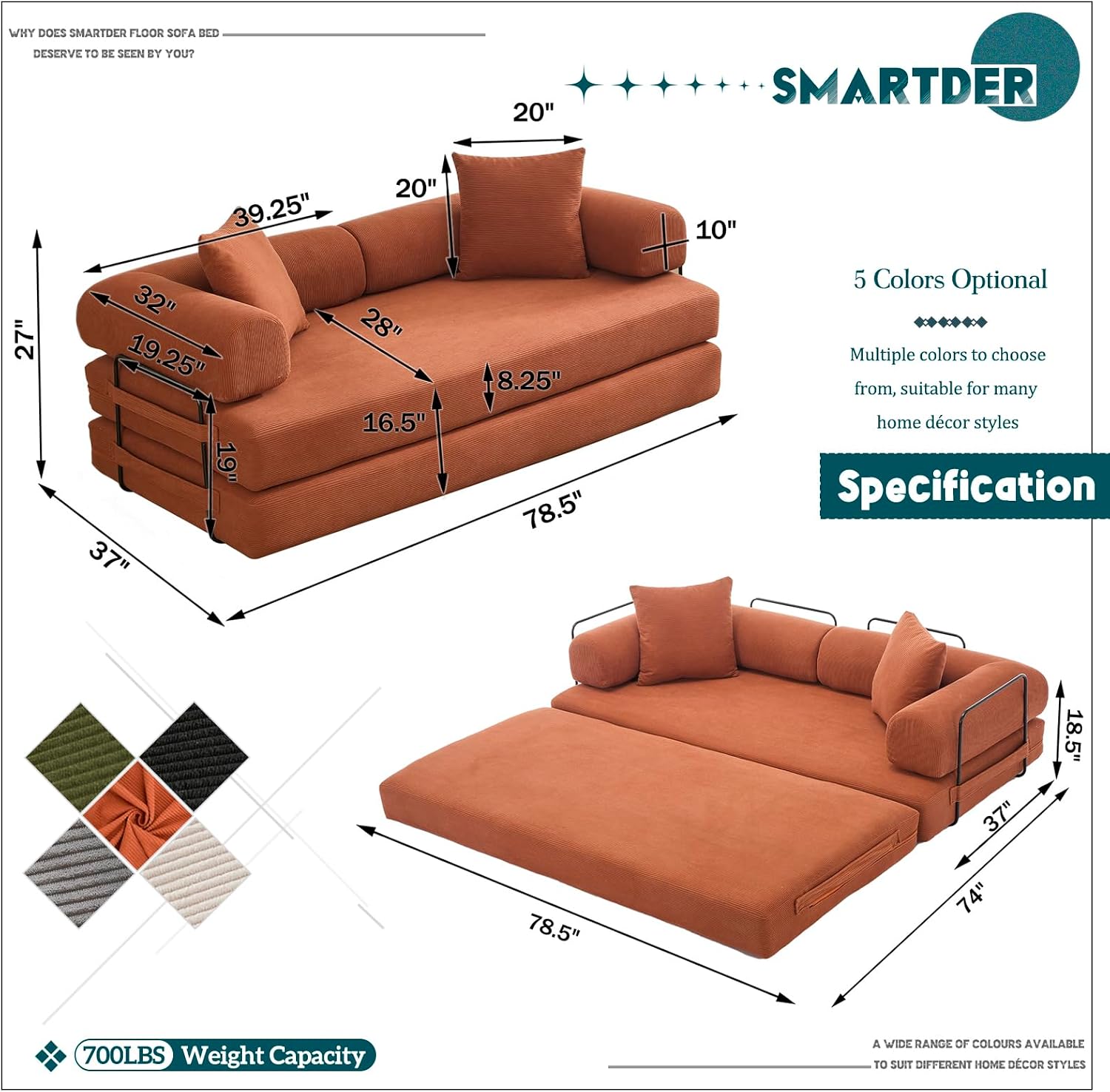 Convertible Folding Sofa Bed, Modular Floor Sofa with Removable Backrest, 3-Seater Fold Out Couch Bed with Pillows, King Size Futon Lazy Couch Corduroy Sleeper for Living Room, Dorm, Orange