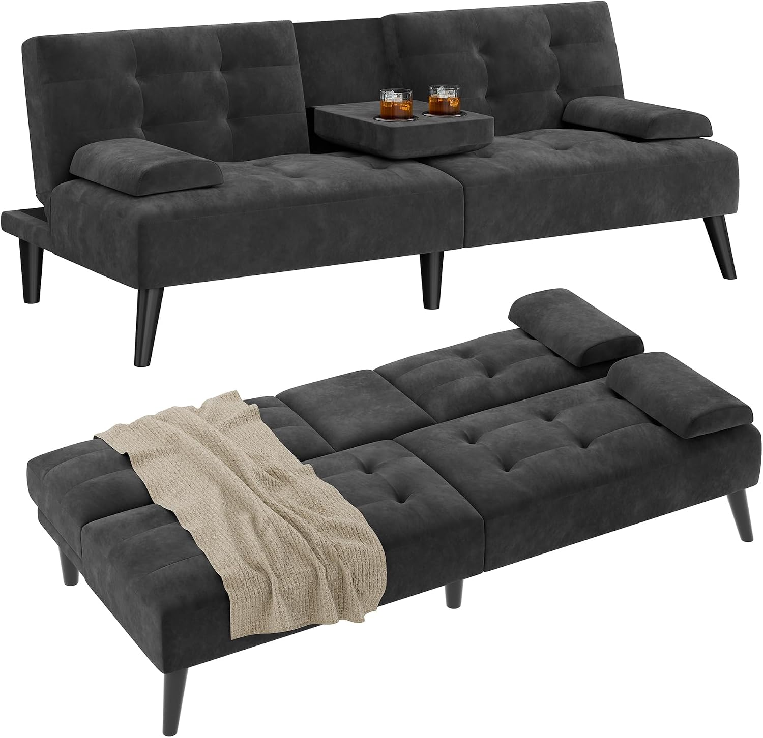Shintenchi Futon Sofa Bed, Velvet Foldable Couch Reclining Sleeper w/Removable Armrests, Upholstered Loveseat w/Folding Cup Holders for Home, Office, Black