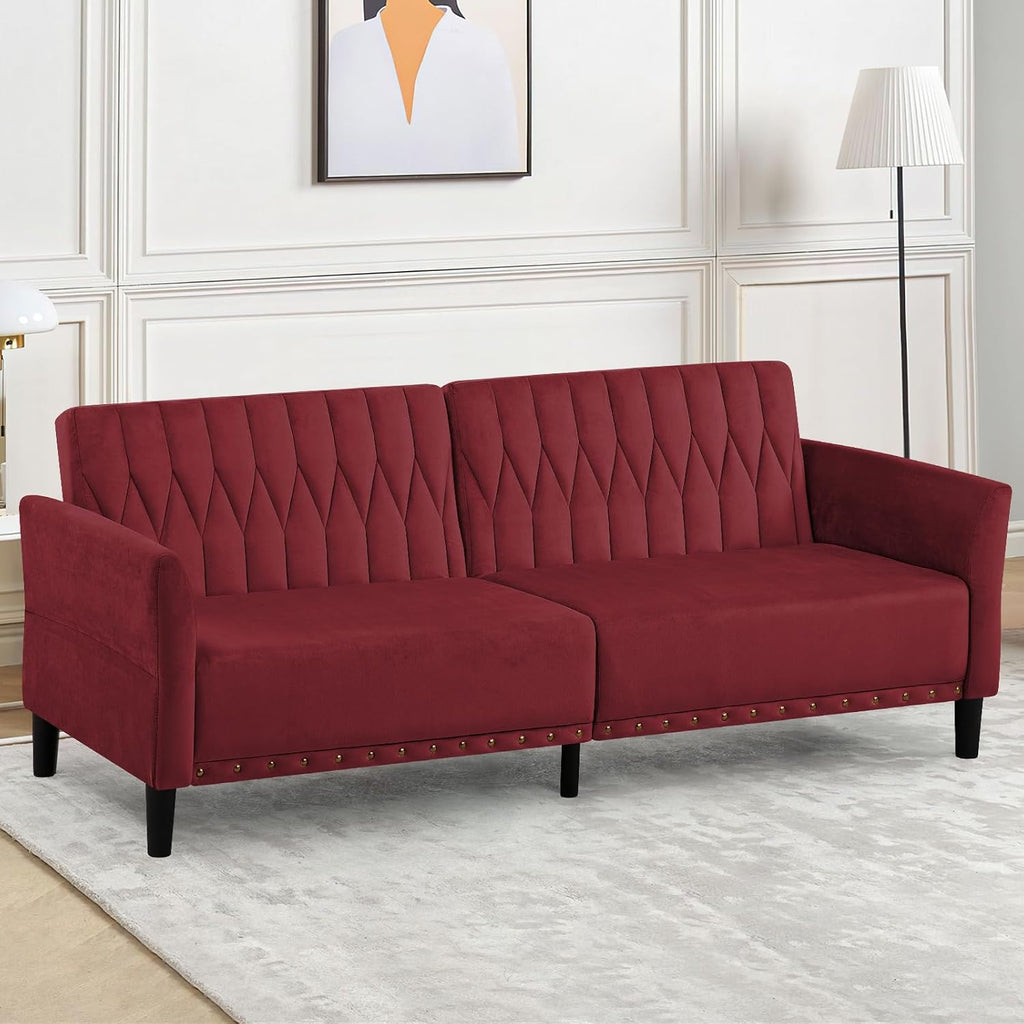 77' Velvet Sofa Bed with Adjustable Armrests and Backrests,Tufted Convertible Futon Couch with Nailhead Trim, Loveseat Modern Velvet Sleeper Sofa for Living Room,Bedroom,Office, Red