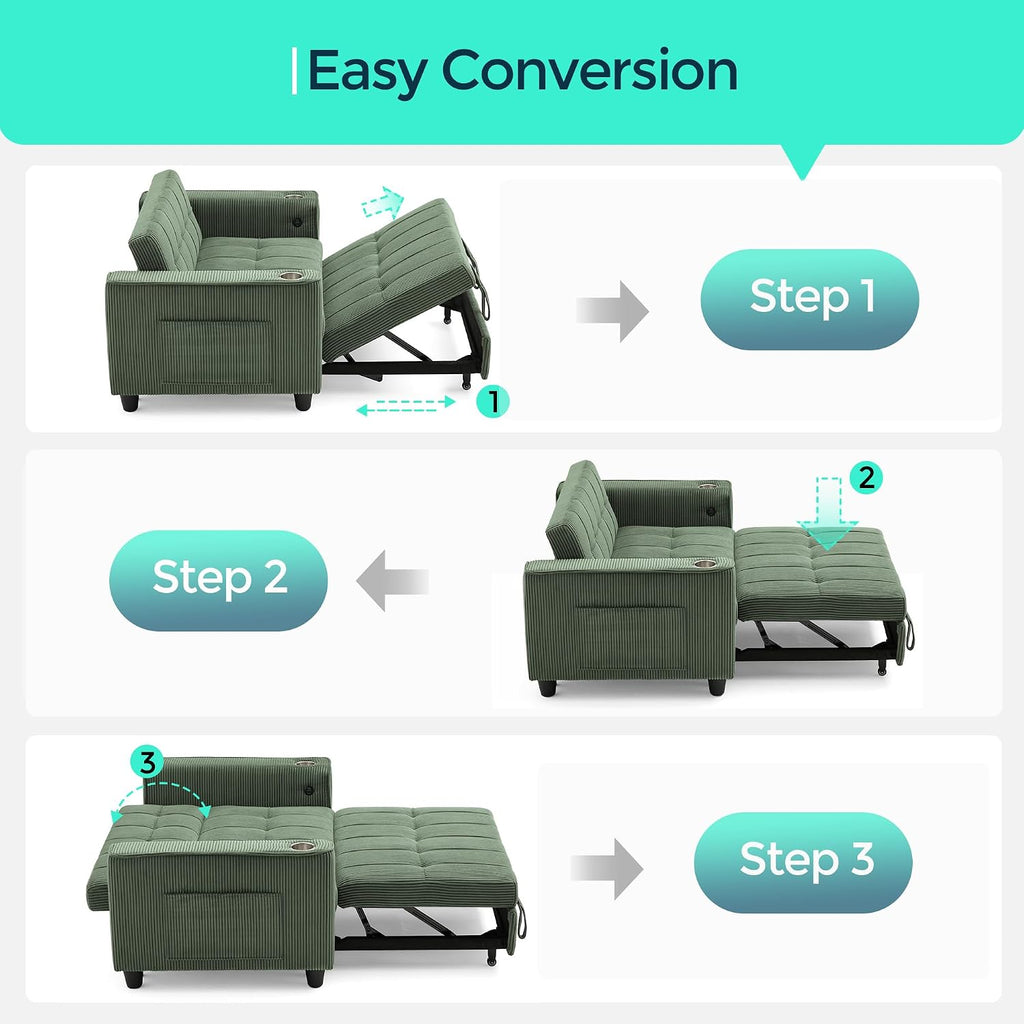 LINSY 3-in-1 Convertible Sofa Bed, 54' Pull Out Sleeper Sofa with Charging Station & Cup Holder, Small Corduroy Couch Folding Loveseat with Side Pocket for Small Space, Green