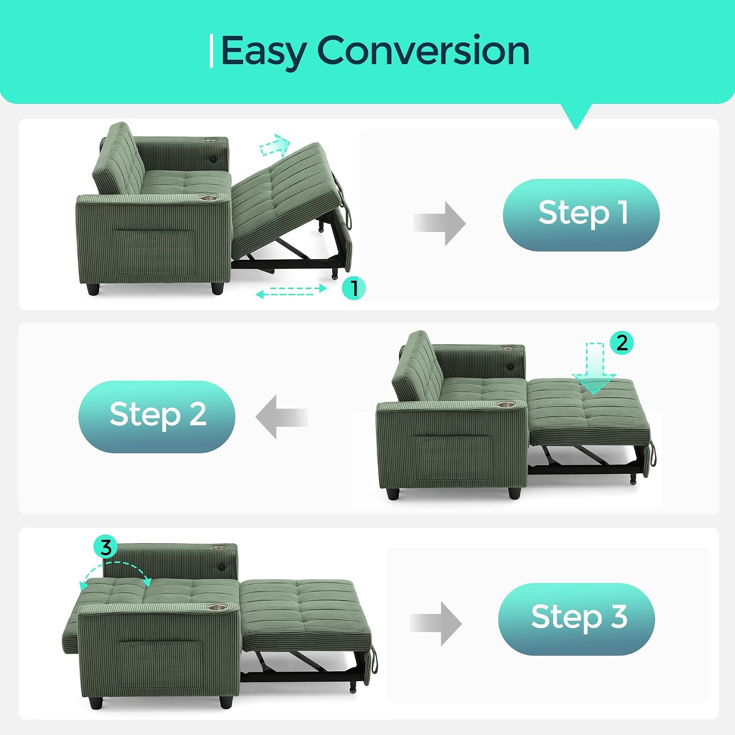 LINSY 3-in-1 Convertible Sofa Bed, 54' Pull Out Sleeper Sofa with Charging Station & Cup Holder, Small Corduroy Couch Folding Loveseat with Side Pocket for Small Space, Green