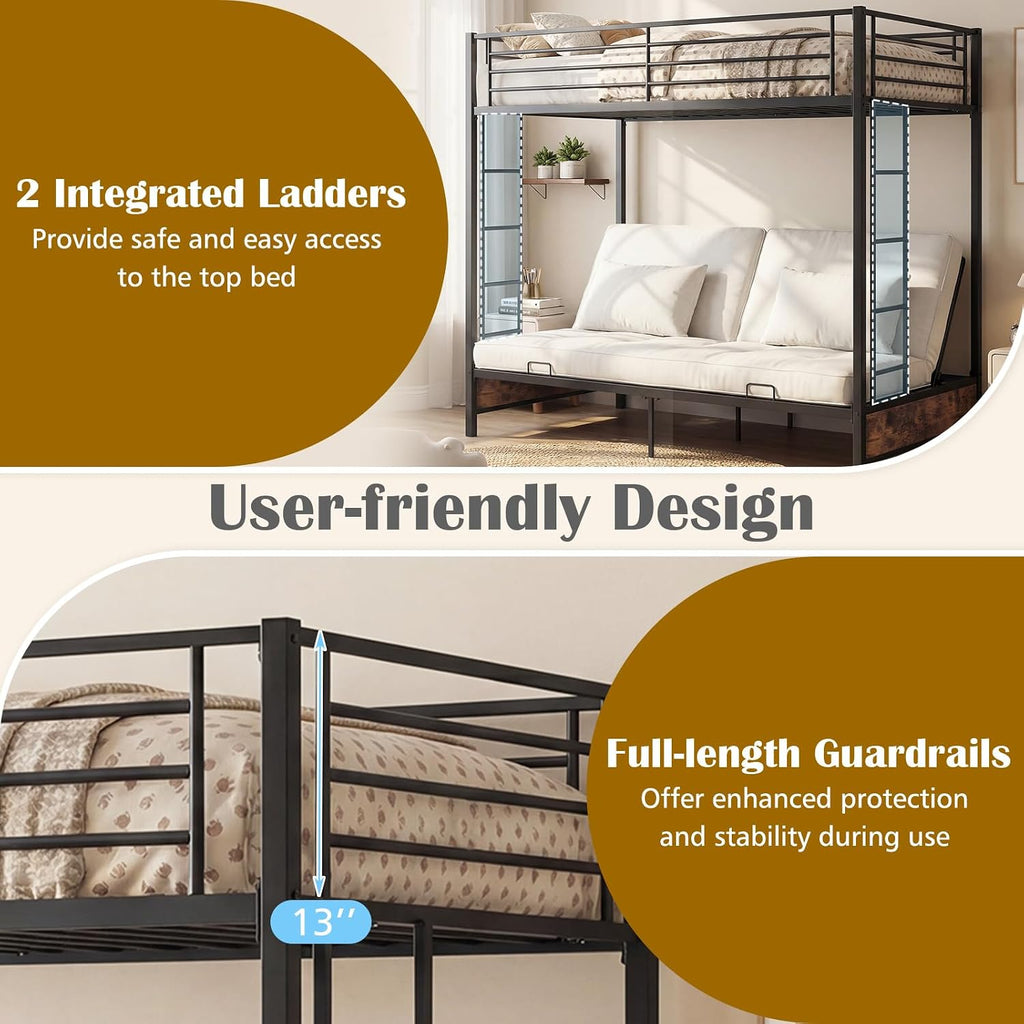 Giantex Twin Over Twin Futon Bunk Bed, Convertible Metal Bunk Bed with Futon Frame, 2 Ladders & Safety Guardrails, Heavy Duty Sofa Couch Beds with Under-Bed Space, for Kids, Adults (Rustic Brown)