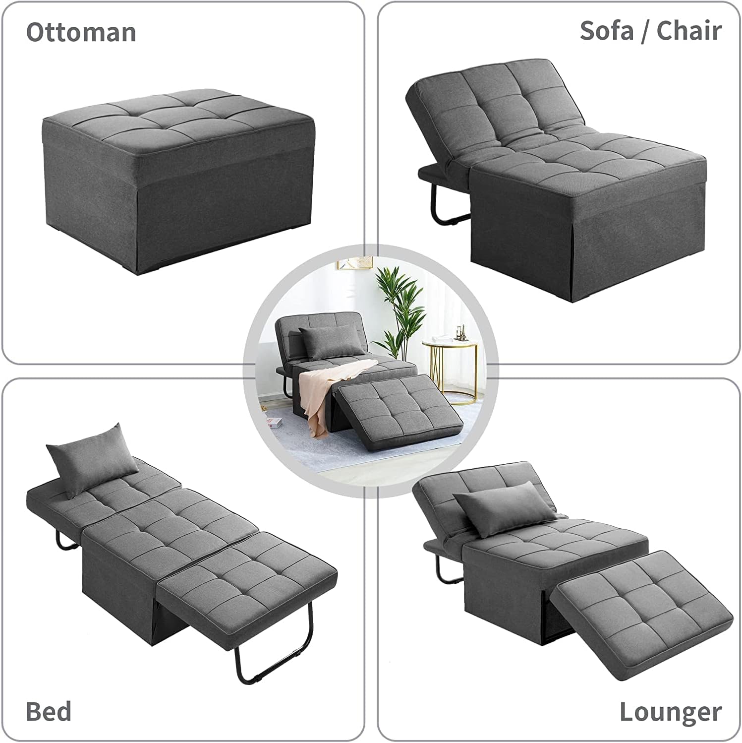 BIGSYY Sofa Bed, Set of 4 in 1 Multi Function Folding Ottoman Sleeper Bed,Modern Convertible Chair Adjustable Backrest Sleeper Couch Bed for Living Room Small Room Apartment, Light Grey