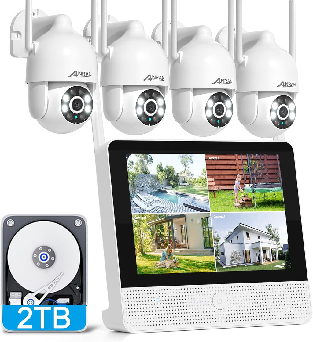 ANRAN Wireless Security Camera System, 10.5' 4K Monitor with 4x5MP PTZ WiFi-6 Camera, Auto-Tracking, 2-Way Audio, Human/Vehicle/Pet/Parcel Detection, 8CH NVR with 2TB HDD, No Monthly Fee