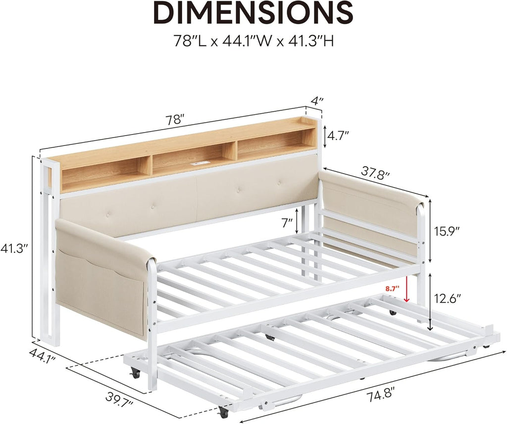 LIKIMIO Daybed with Trundle, Twin Bed Frame with Upholstered Headboard and Charging Station, Sofa Day Bed with Strong Supports for Living Room, Bedroom and Guest Room, White