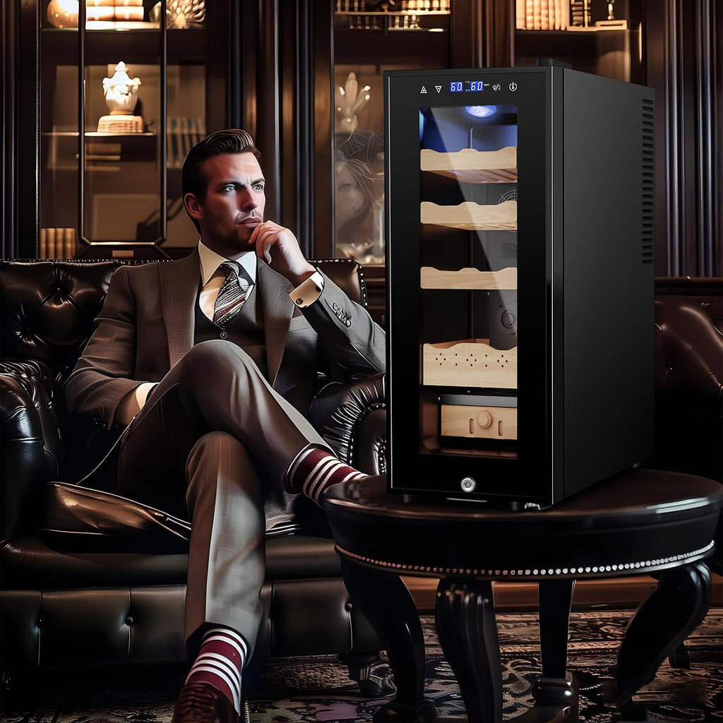 35L Electric Humidor Cabinet–200~250 Count Large Capacity Electric Humidor| Thermostatic Cooling with Spanish Cedar Wood Shelves, Digital LED Screen & Safety Lock |Gift for Men