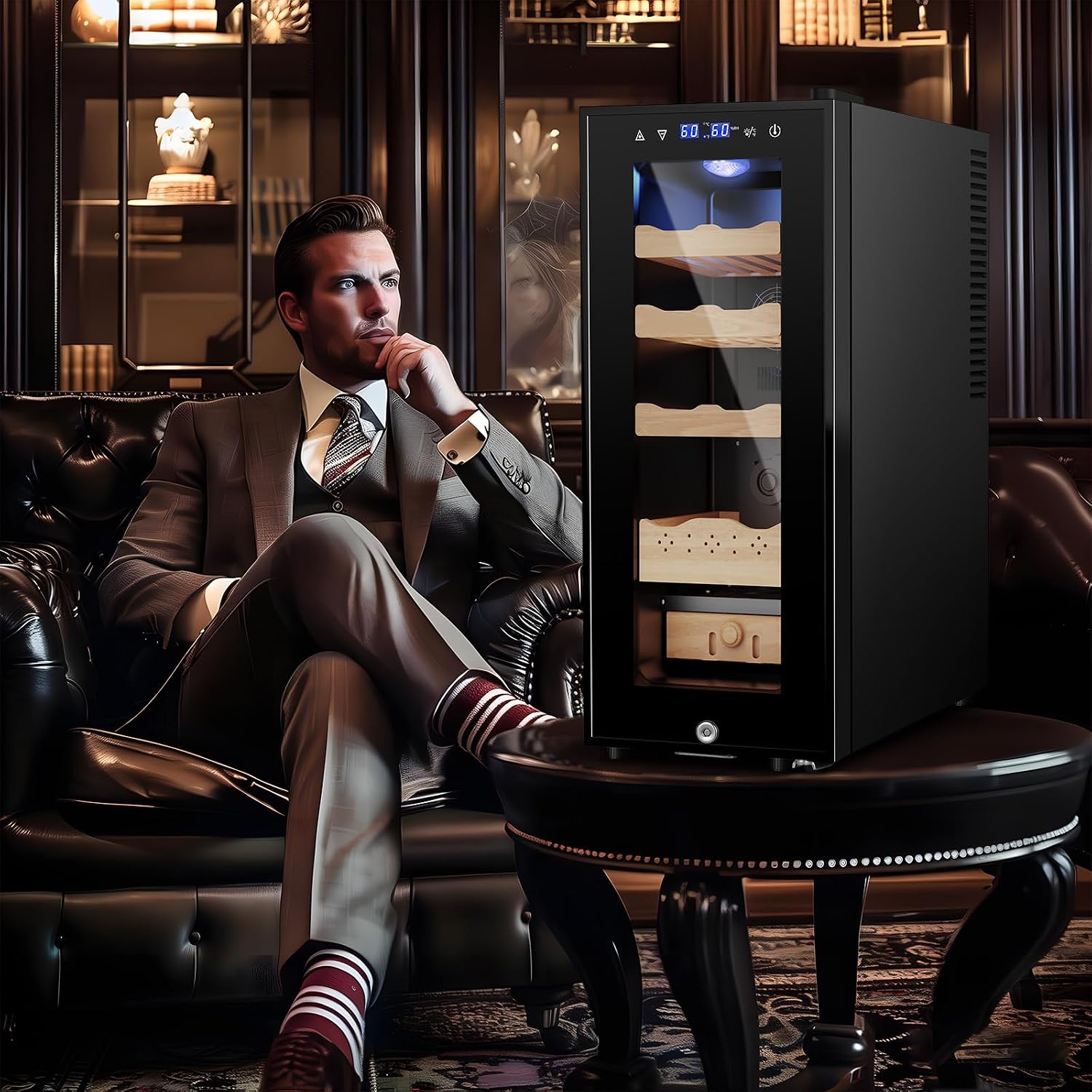 35L Electric Humidor Cabinet–200~250 Count Large Capacity Electric Humidor| Thermostatic Cooling with Spanish Cedar Wood Shelves, Digital LED Screen & Safety Lock |Gift for Men