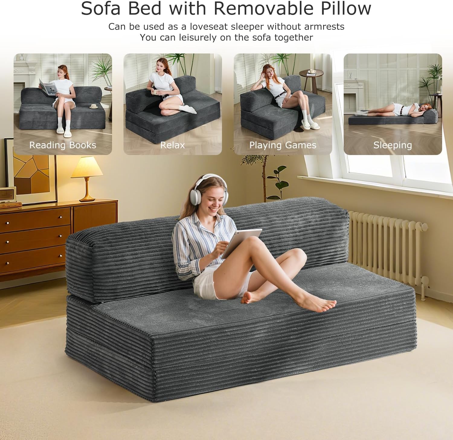 6-inch Convertible Sofa Bed, Floor Bed & Sleeping Couch with Removable Corduroy Cover & Carry Handles, High-Density Foam (Grey, Queen)