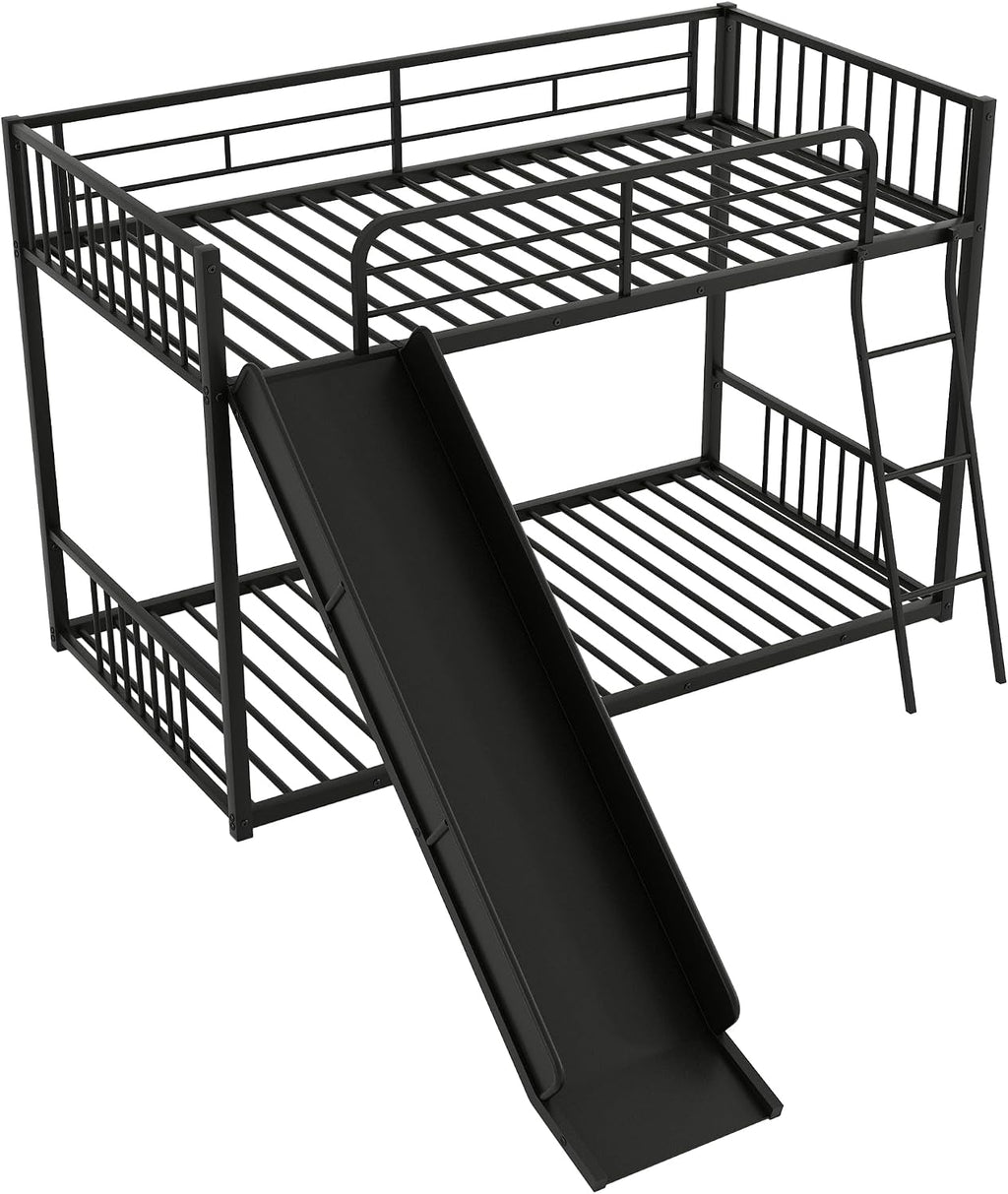 Harper & Bright Designs Twin Size Kids Low Bunk Bed with Slide and Ladder, Twin Metal Floor Bunk Bed Frame for Kids Teens, No Box Spring Needed (Black)