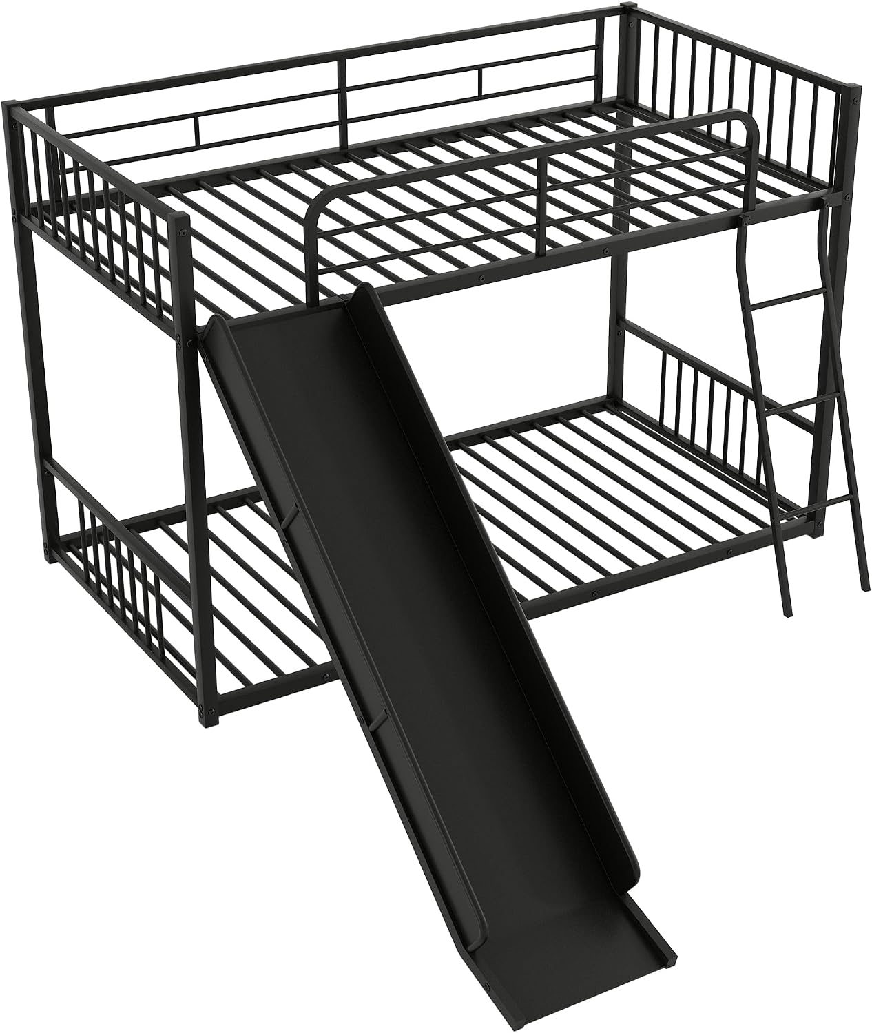 Harper & Bright Designs Twin Size Kids Low Bunk Bed with Slide and Ladder, Twin Metal Floor Bunk Bed Frame for Kids Teens, No Box Spring Needed (Black)