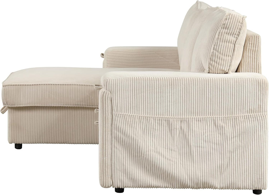 Sleeper Sofa, 96' Corduroy 2-in-1 Pull Out Sofa Bed, Convertible Sofa Bed Couch with Storage Chaise, L Shaped Sofa with Hidden Cup Holders, 3 Seater Sofa for Living Room, Apartments, Beige