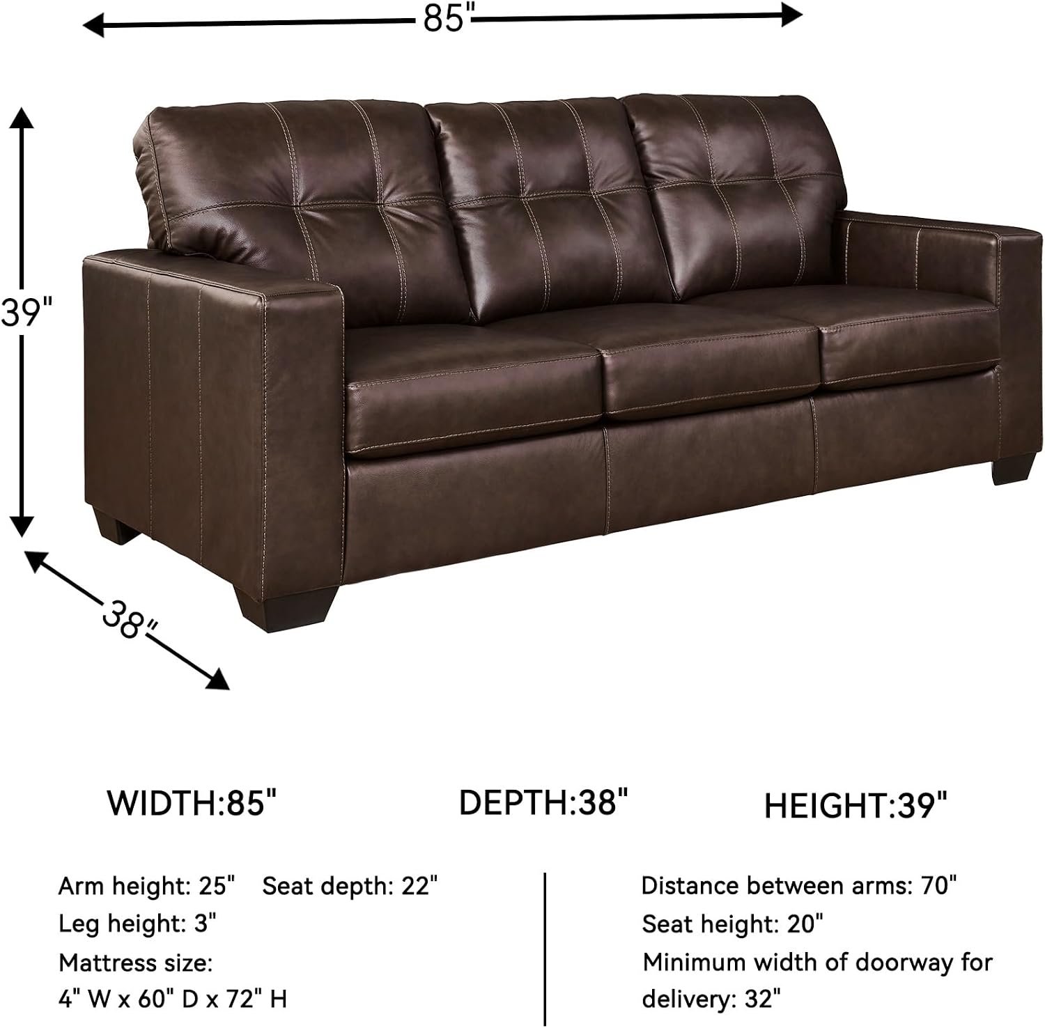 Signature Design by Ashley Santorine Classic Leather Match Tufted Sofa Sleeper with Bi-Fold Memory Foam Mattress, Queen, Dark Brown