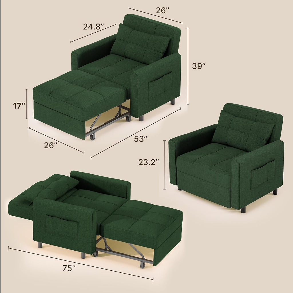 Gizoon Sofa Bed Chair 3 in 1 Convertible, Pullout Single Sleeper Chair Bed with Adjustable Backrest, Spacious Multifunctional Sofa Couches for Living Room, Bedroom, Apartment
