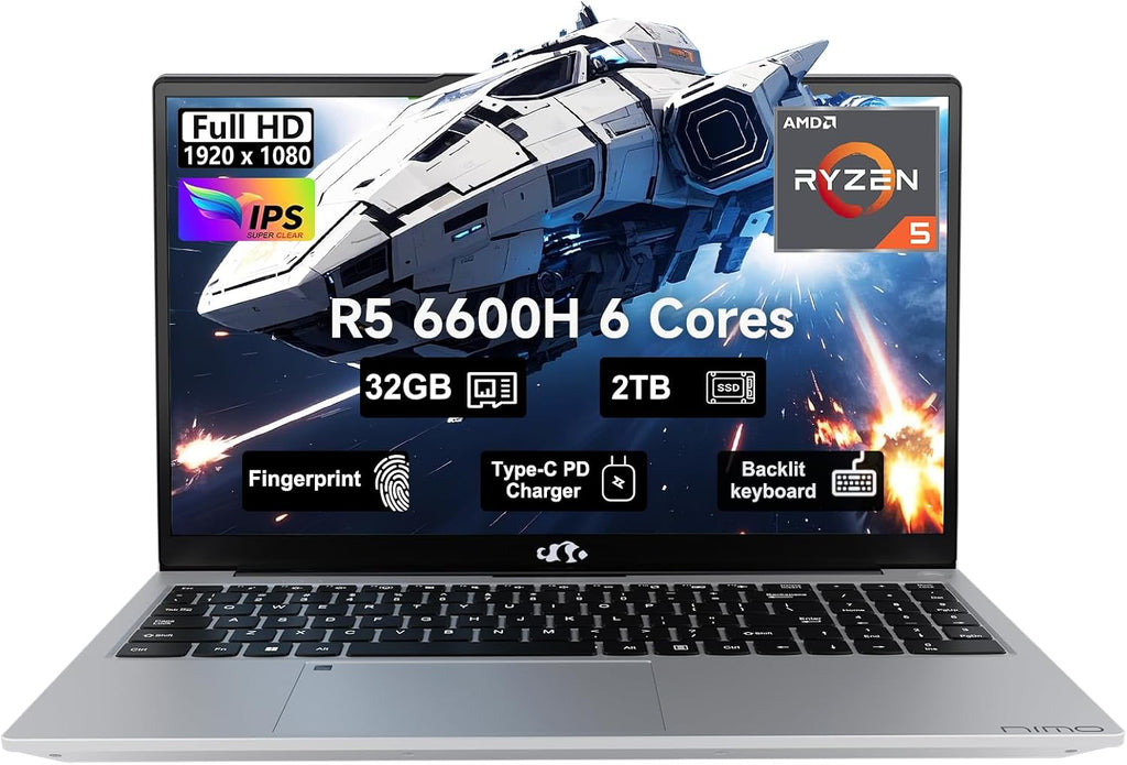 NIMO 15.6 FHD-Business-Gaming-Laptop, 6-Cores 660M GPU, AMD Ryzen 5 6600H 32GB DDR5 2TB SSD (Beat i7-1165G7, Up to 4.5GHz) IPS Laptop Computer with 100W Type C Fingerprint Backlit Keyboard