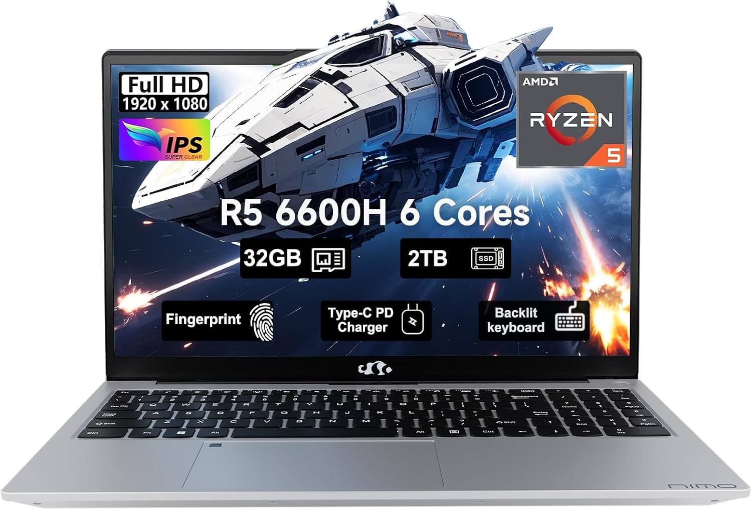 NIMO 15.6 FHD-Business-Gaming-Laptop, 6-Cores 660M GPU, AMD Ryzen 5 6600H 32GB DDR5 2TB SSD (Beat i7-1165G7, Up to 4.5GHz) IPS Laptop Computer with 100W Type C Fingerprint Backlit Keyboard