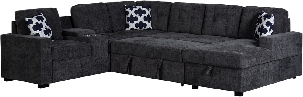 Ball & Cast L-Shape Convertible Sectional Sleeper Sofa Bed 2 in 1 Pull Out Couch with Storage Chaise & Cup Holders,6 Seat Chenille Upholstered Reversible Sleeper Corner Couch for Living Room,Dark Gray