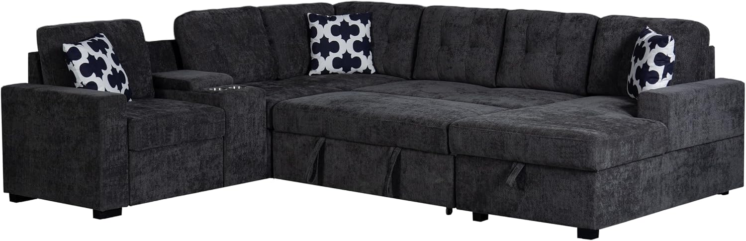 Ball & Cast L-Shape Convertible Sectional Sleeper Sofa Bed 2 in 1 Pull Out Couch with Storage Chaise & Cup Holders,6 Seat Chenille Upholstered Reversible Sleeper Corner Couch for Living Room,Dark Gray
