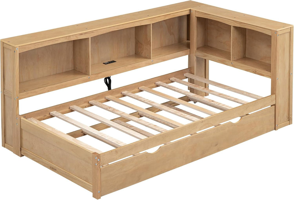 Harper & Bright Designs Twin Size Daybed with Trundle, Storage Bookcases, and USB Ports,Wood Twin Platform Bed with Headboard, Twin Size Sofa Bed Frame for Bedroom Living Room (Wood Color)