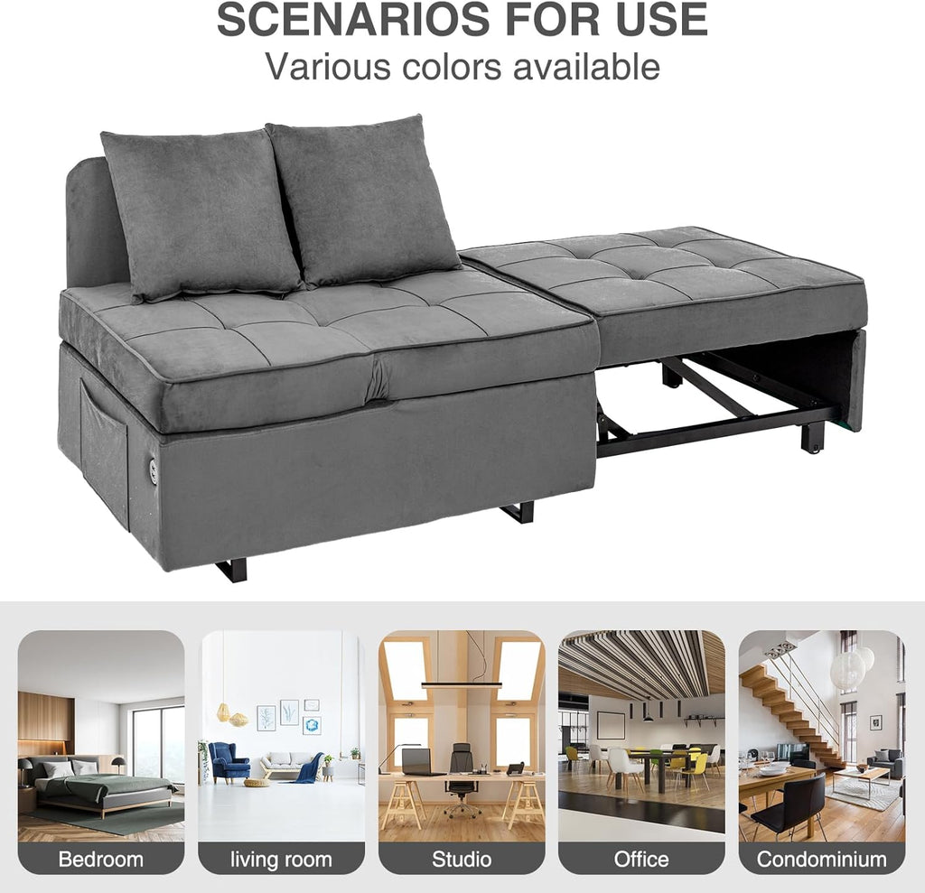 Sofa Bed 4-in-1 Convertible pull out Couch, Velvet Love seat Couch Sleeper Chair Bed with 2 Throw Pillow, Single Recliner with 5 Adjustable Backrests for Living Room Apartment Small Space, Light Grey